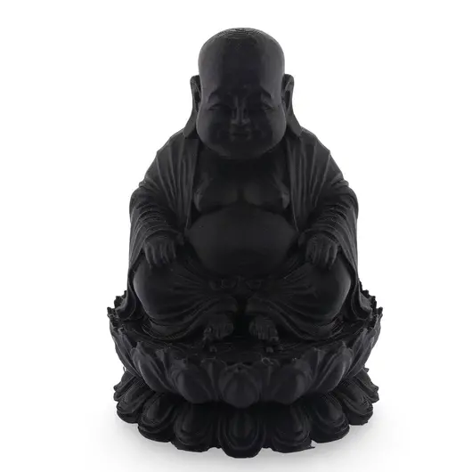 Statueta feng shui Buddha vesel pe floare de lotus, 9cm - negru