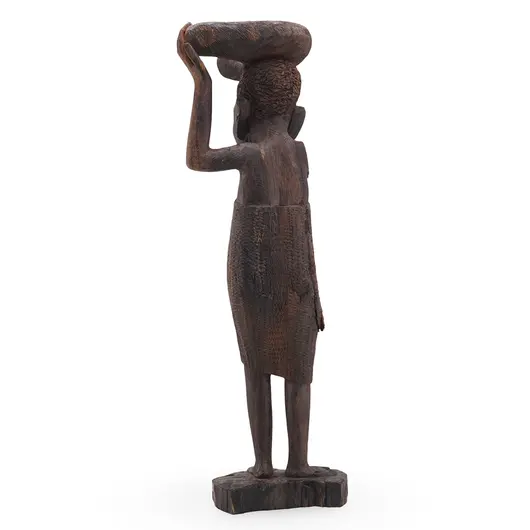 Statueta vintage din lemn femeie tribala cu greutate pe cap, 37cm, imagine 2