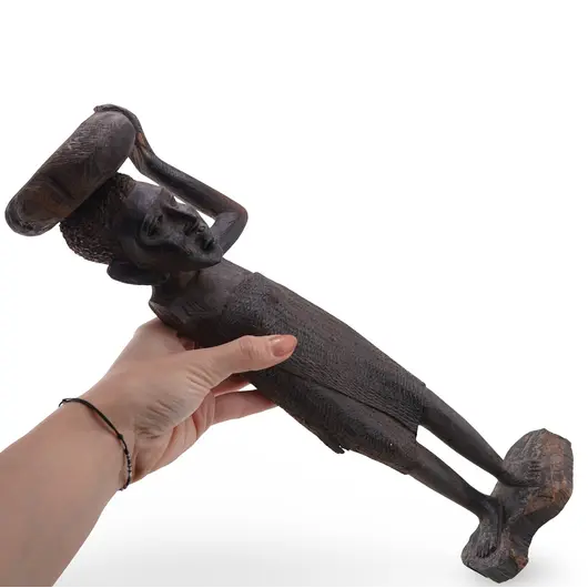 Statueta vintage din lemn femeie tribala cu greutate pe cap, 37cm, imagine 3