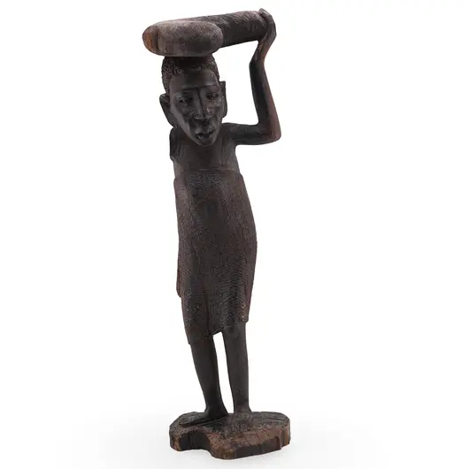 Statueta vintage din lemn femeie tribala cu greutate pe cap, 37cm