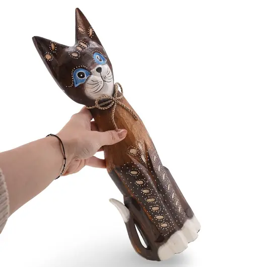 Statueta vintage din lemn sculptat model pisica, pictata - 40cm, imagine 3