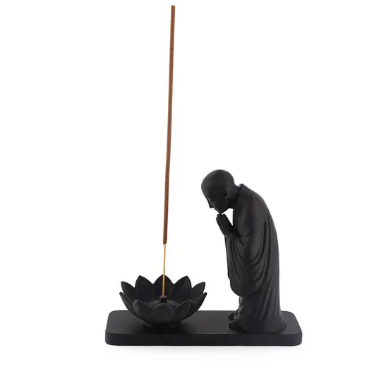Suport ardere betisoare parfumate calugar si floare de lotus - negru, imagine 2