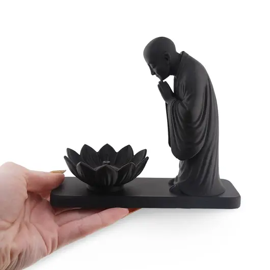 Suport ardere betisoare parfumate calugar si floare de lotus - negru, imagine 3