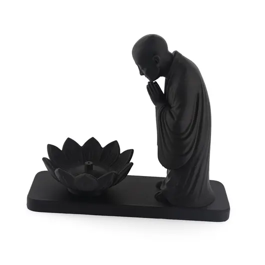 Suport ardere betisoare parfumate calugar si floare de lotus - negru