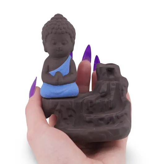 Suport ardere conuri parfumate cascada - backflow, Calugar meditand albastru, imagine 3