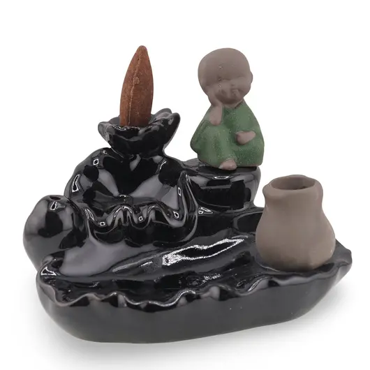 Suport ardere conuri parfumate cascada - backflow, Calugar Zen pe stanci si Vas din lut, imagine 2