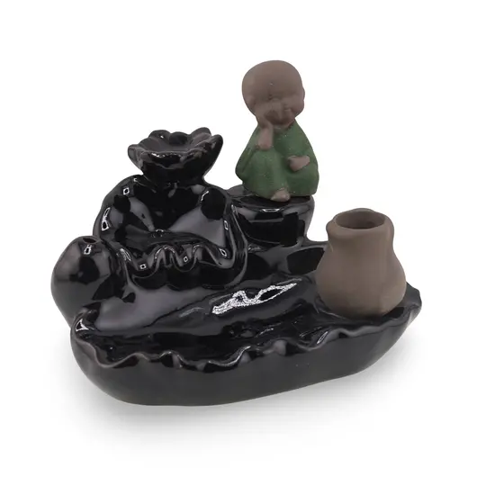 Suport ardere conuri parfumate cascada - backflow, Calugar Zen pe stanci si Vas din lut