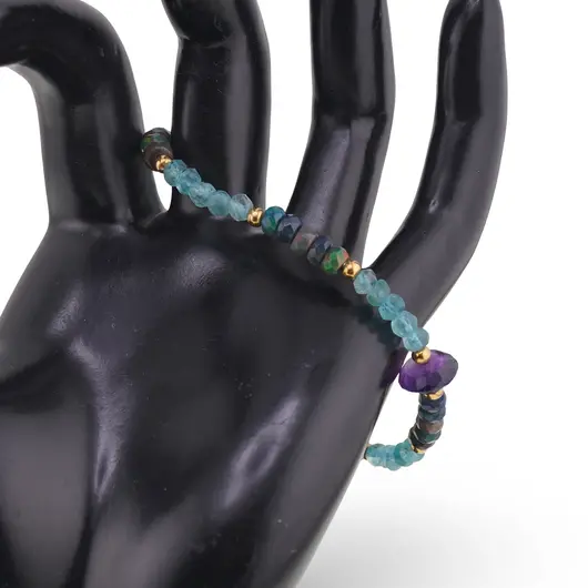 Bratara Opal de foc negru discuri fatetate 4-5mm, Apatit discuri fatetate 4mm, Ametist disc fatetat 9mm si elemente aurii, imagine 2