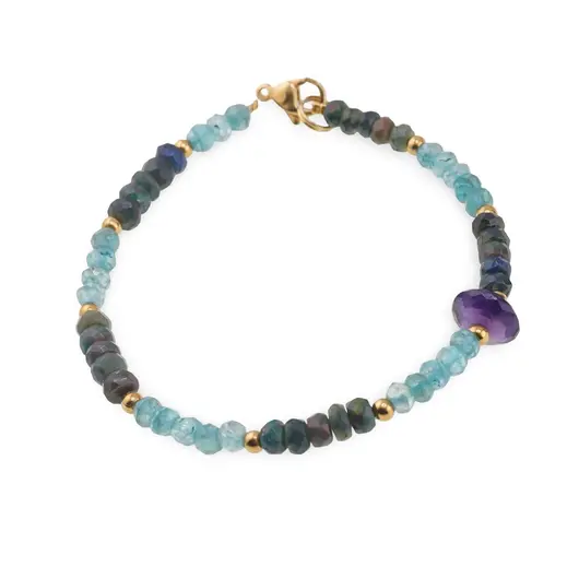 Bratara Opal de foc negru discuri fatetate 4-5mm, Apatit discuri fatetate 4mm, Ametist disc fatetat 9mm si elemente aurii