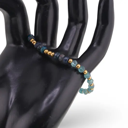 Bratara Opal de foc negru discuri fatetate 4-5mm, Apatit discuri fatetate 4mm si elemente aurii, imagine 2