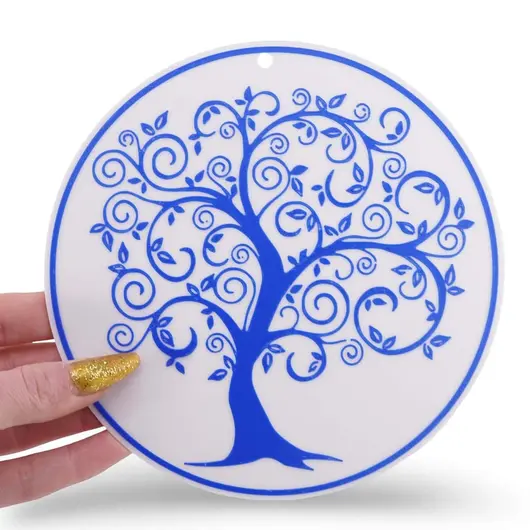 Decoratiune rotunda Copacul Vietii gravat, albastru - 15cm, imagine 3