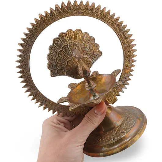 Decoratiune vintage din alama, lampa traditionala cu paun samai Dyia - 19cm, imagine 3