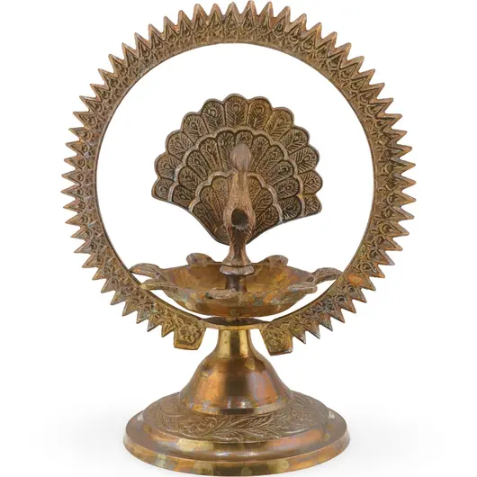 Decoratiune vintage din alama, lampa traditionala cu paun samai Dyia - 19cm