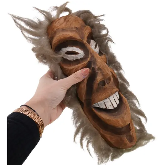 Masca vintage din lemn, model cu par din fibre naturale - 30cm, imagine 3