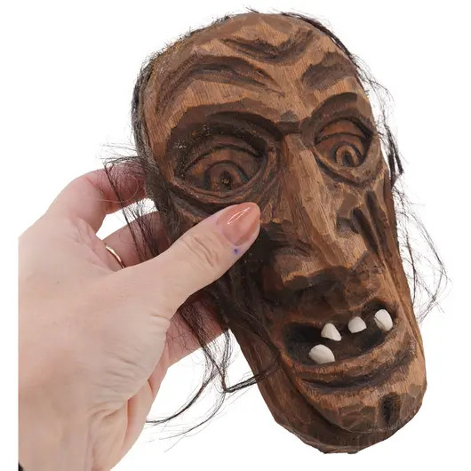 Masca vintage din lemn, model expresiv cu par - 18cm, imagine 3
