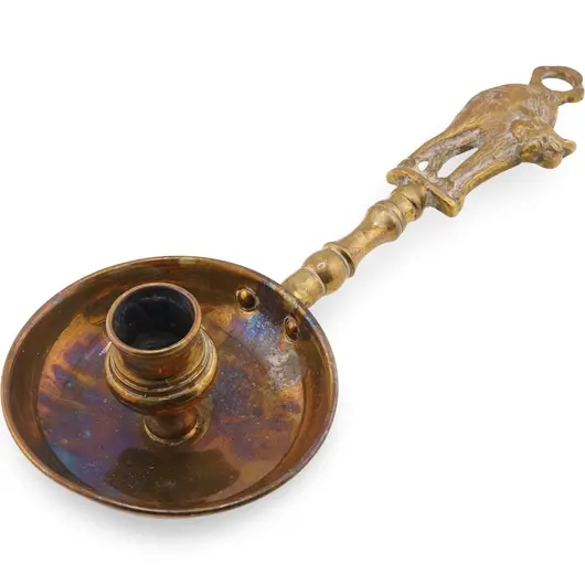Suport pentru lumanare vintage din alama cu maner sculptat in forma de pisica, 23cm