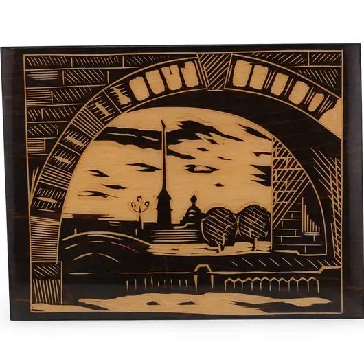 Tablou vintage din lemn cu gravura arhitecturala, 27cm