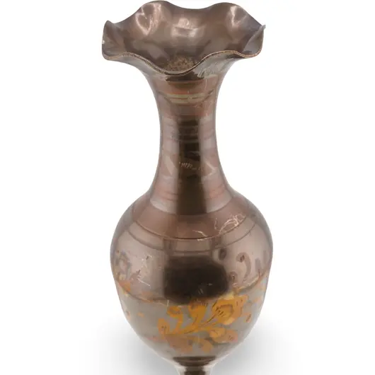 Vaza vintage din alama, model patinat si flori gravate - 25cm, imagine 2