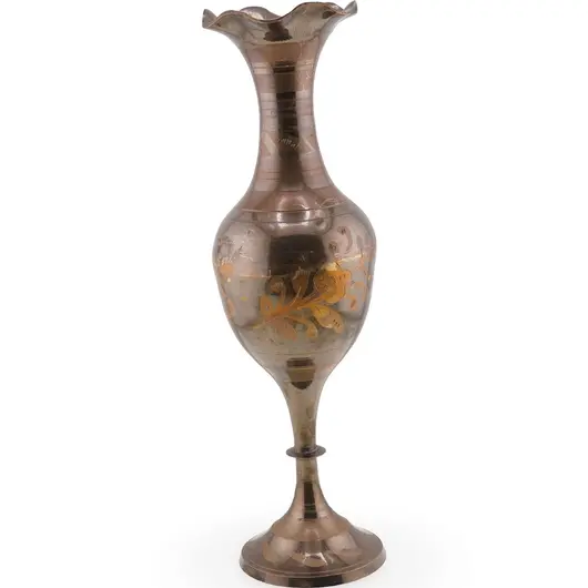 Vaza vintage din alama, model patinat si flori gravate - 25cm