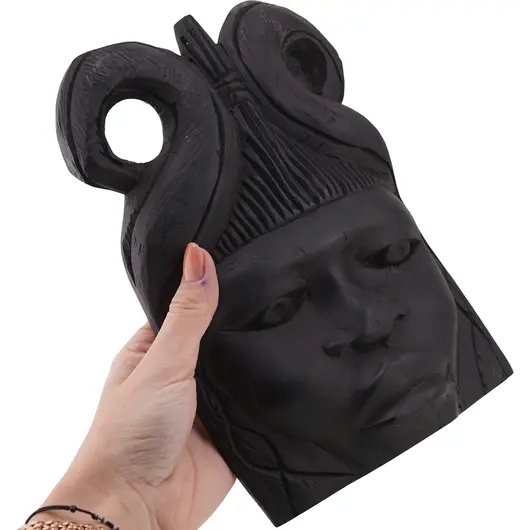 Bust vintage din lemn, figurina tribala cu coarne ormanentale - 23,5cm, imagine 3