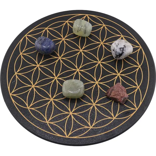 Grila pentru cristale Floarea Vietii gravata, 20cm - negru cu auriu, imagine 2
