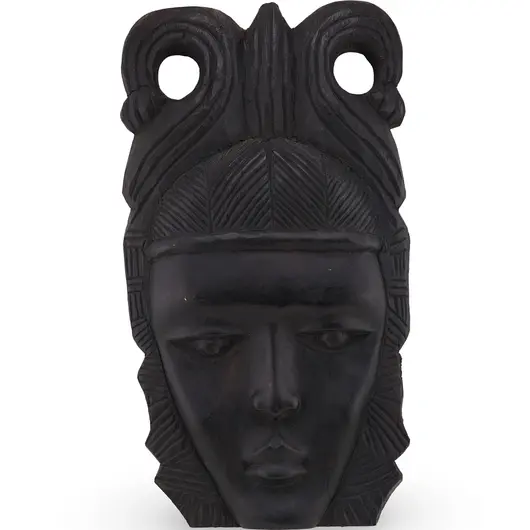 Masca vintage din lemn, model feminin cu coarne decorative - 35cm