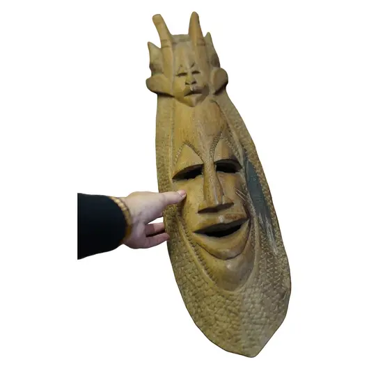 Masca vintage din lemn, model sculptat cu doua portrete - 60cm, imagine 3