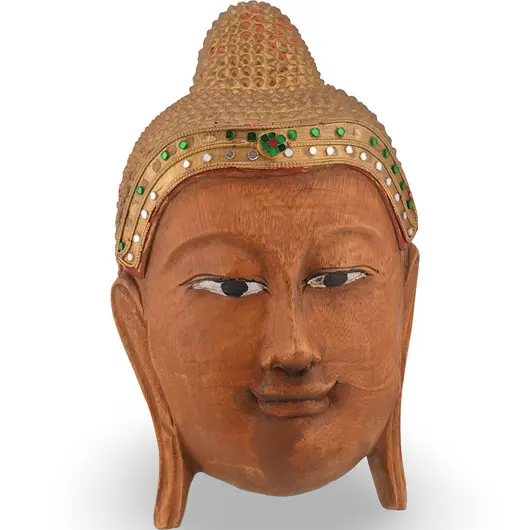 Statueta vintage din lemn, cap Buddha sculptat si decorat cu cristale - 29cm