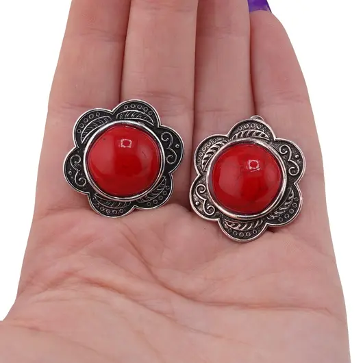 Cercei cu clipsuri Coral rosu in montura argintie - model floare, 26mm, imagine 3