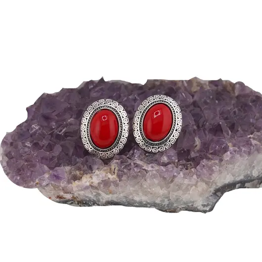 Cercei cu clipsuri Coral rosu in montura argintie - model oval, 28mm, imagine 2