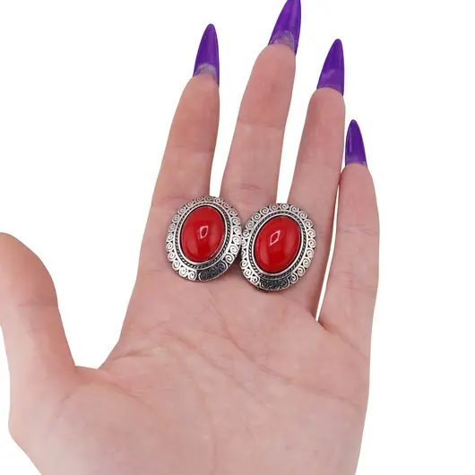 Cercei cu clipsuri Coral rosu in montura argintie - model oval, 28mm, imagine 3