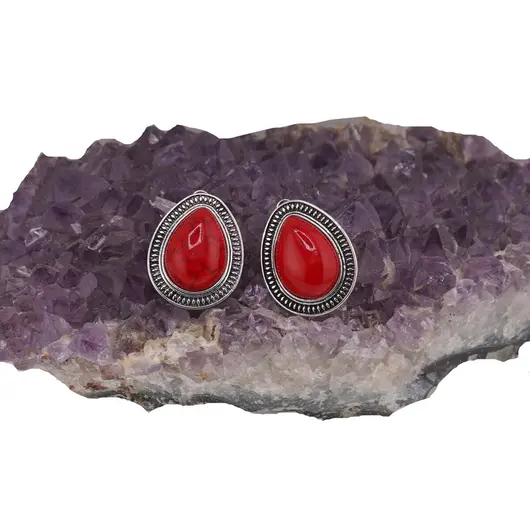 Cercei cu clipsuri Coral rosu in montura argintie - model picatura, 26mm, imagine 2