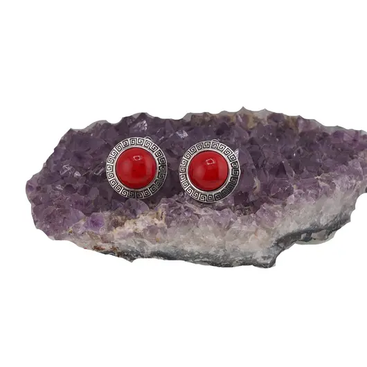 Cercei cu clipsuri Coral rosu in montura argintie - model rotund, 25mm, imagine 2