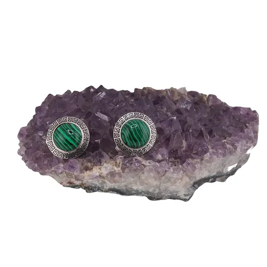 Cercei cu clipsuri Malachit in montura argintie - model rotund, 25mm, imagine 2