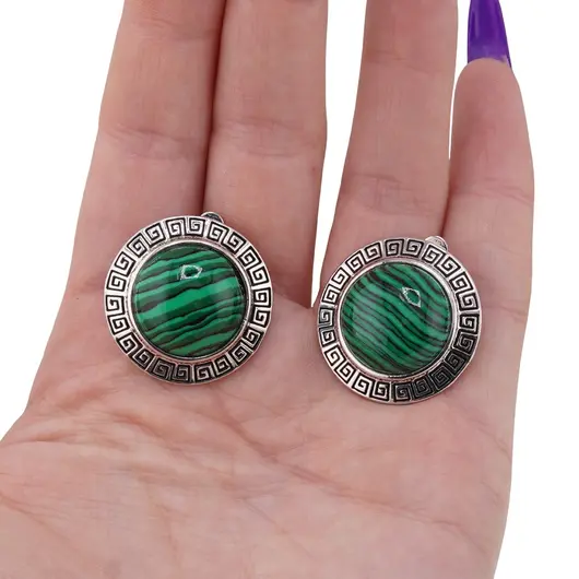Cercei cu clipsuri Malachit in montura argintie - model rotund, 25mm, imagine 3