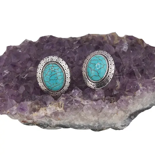 Cercei cu clipsuri Turcoaz in montura argintie - model oval, 28mm, imagine 2