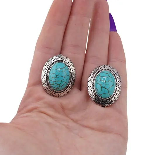 Cercei cu clipsuri Turcoaz in montura argintie - model oval, 28mm, imagine 3