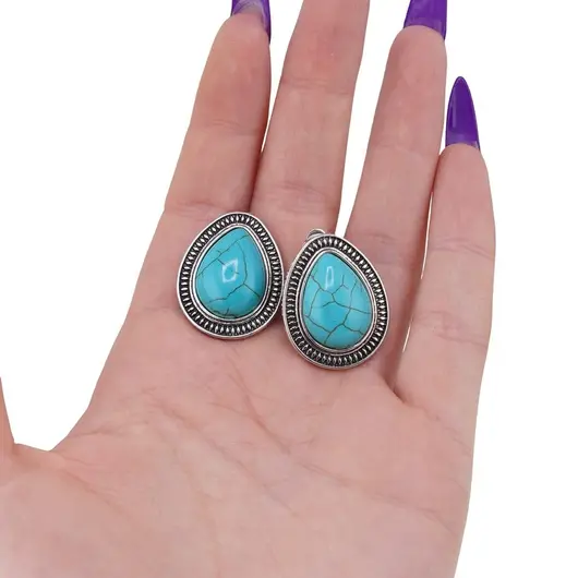 Cercei cu clipsuri Turcoaz in montura argintie - model picatura, 26mm, imagine 3