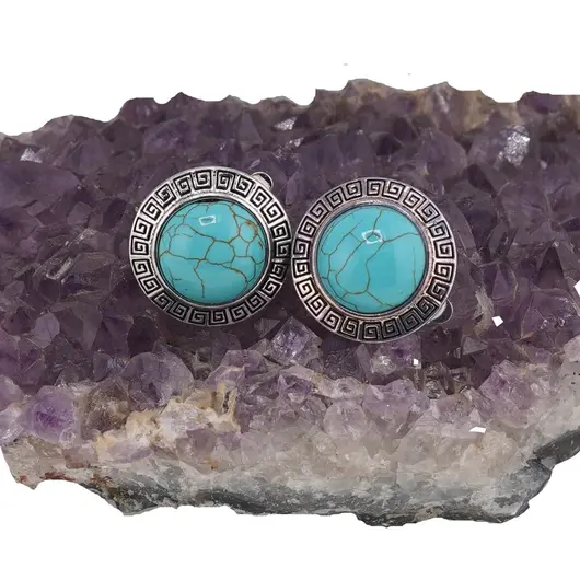 Cercei cu clipsuri Turcoaz in montura argintie - model rotund, 25mm, imagine 2