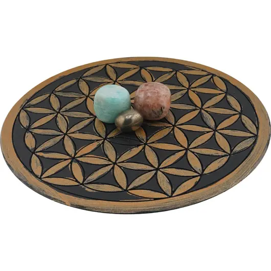 Grila pentru cristale Floarea Vietii gravata, 20cm - negru cu accente aurii, imagine 2