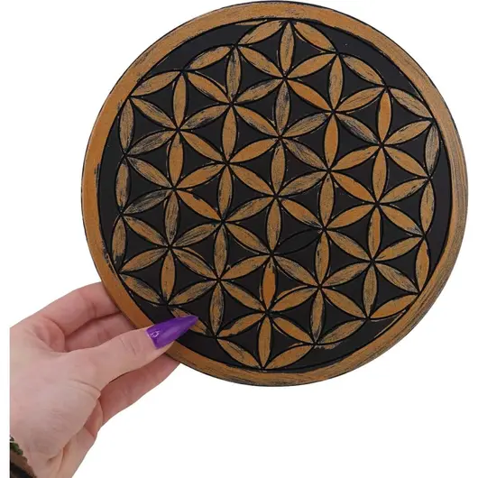 Grila pentru cristale Floarea Vietii gravata, 20cm - negru cu accente aurii, imagine 3