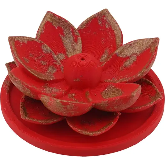 Suport aromaterapie pentru ardere betisoare parfumate, model floare de lotus rosie cu accente aurii - 2,5cm