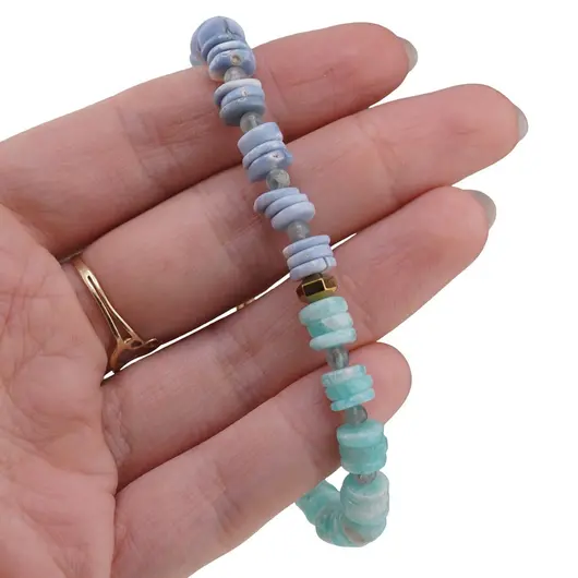 Bratara Amazonit si Opal albastru rondele 6-7mm, Acvamarin sfere 4mm si Hematit auriu, imagine 3