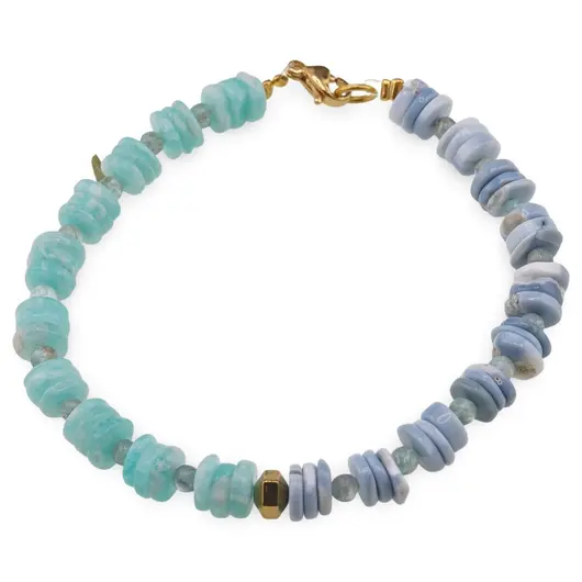 Bratara Amazonit si Opal albastru rondele 6-7mm, Acvamarin sfere 4mm si Hematit auriu