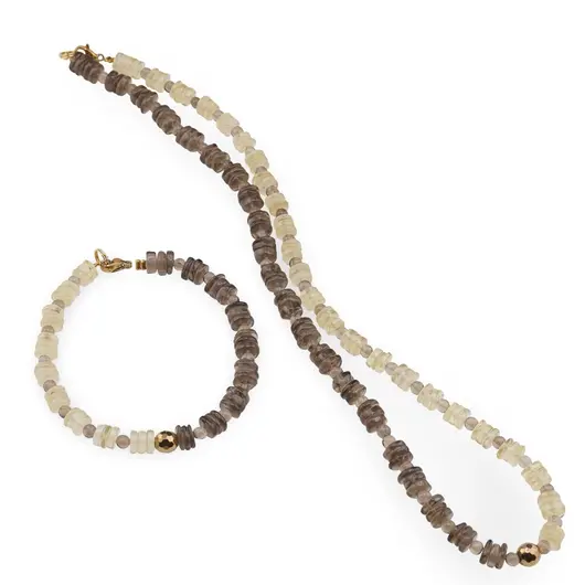 Set colier si bratara Cuart fumuriu si Citrin rondele 6-7mm, Cuart fumuriu sfere 4mm si Hematit auriu