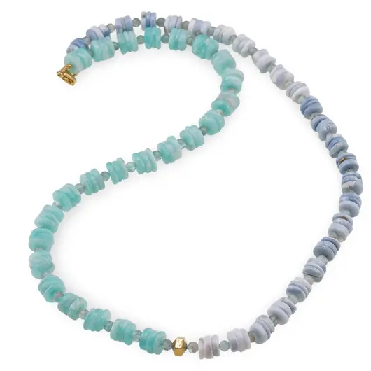 Colier Amazonit si Opal albastru rondele 6-7mm, Acvamarin sfere 4mm si Hematit auriu