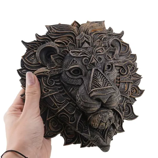Decoratiune Cap de Leu cu detalii tribale gravate antichizata manual - 18,5cm, imagine 3