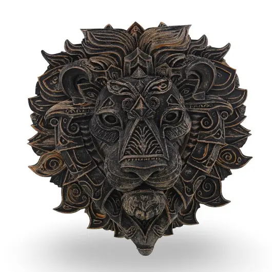 Decoratiune Cap de Leu cu detalii tribale gravate antichizata manual - 18,5cm