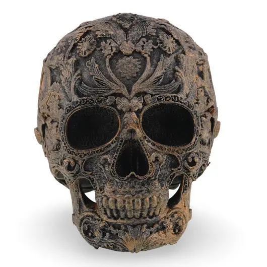 Decoratiune gravata in stil baroc, model craniu antichizat manual - 11cm