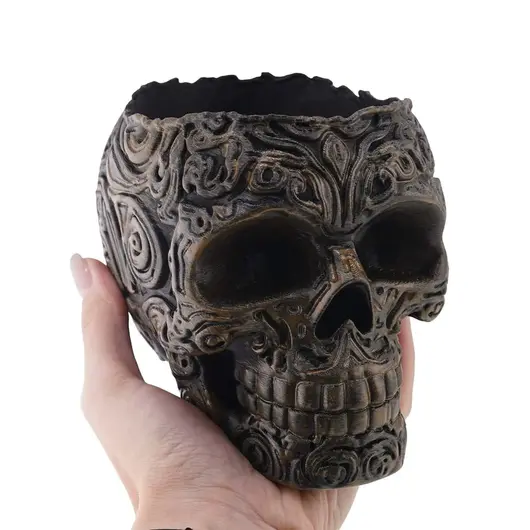 Decoratiune / Suport pentru cristale, model craniu gravat in stil baroc antichizat manual - 11cm, imagine 3